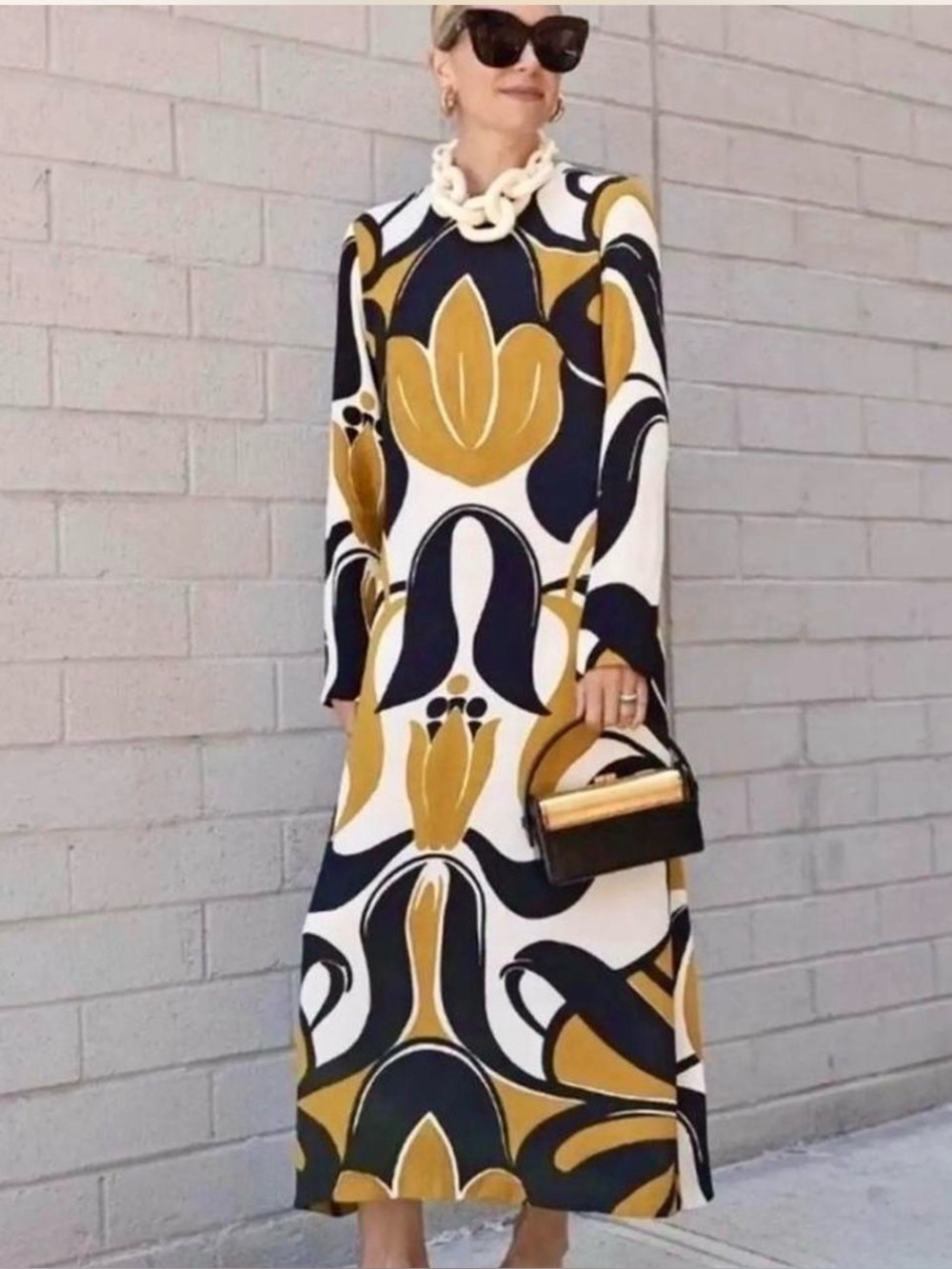 Women’s Long Sleeve Patterned Maxi Dress in Mustard and Navy